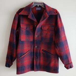 PENDLETON VINTAGE PLAID WOOL OVERSHIRT / JACKET NAVY BLUE & RED SZ SMALL